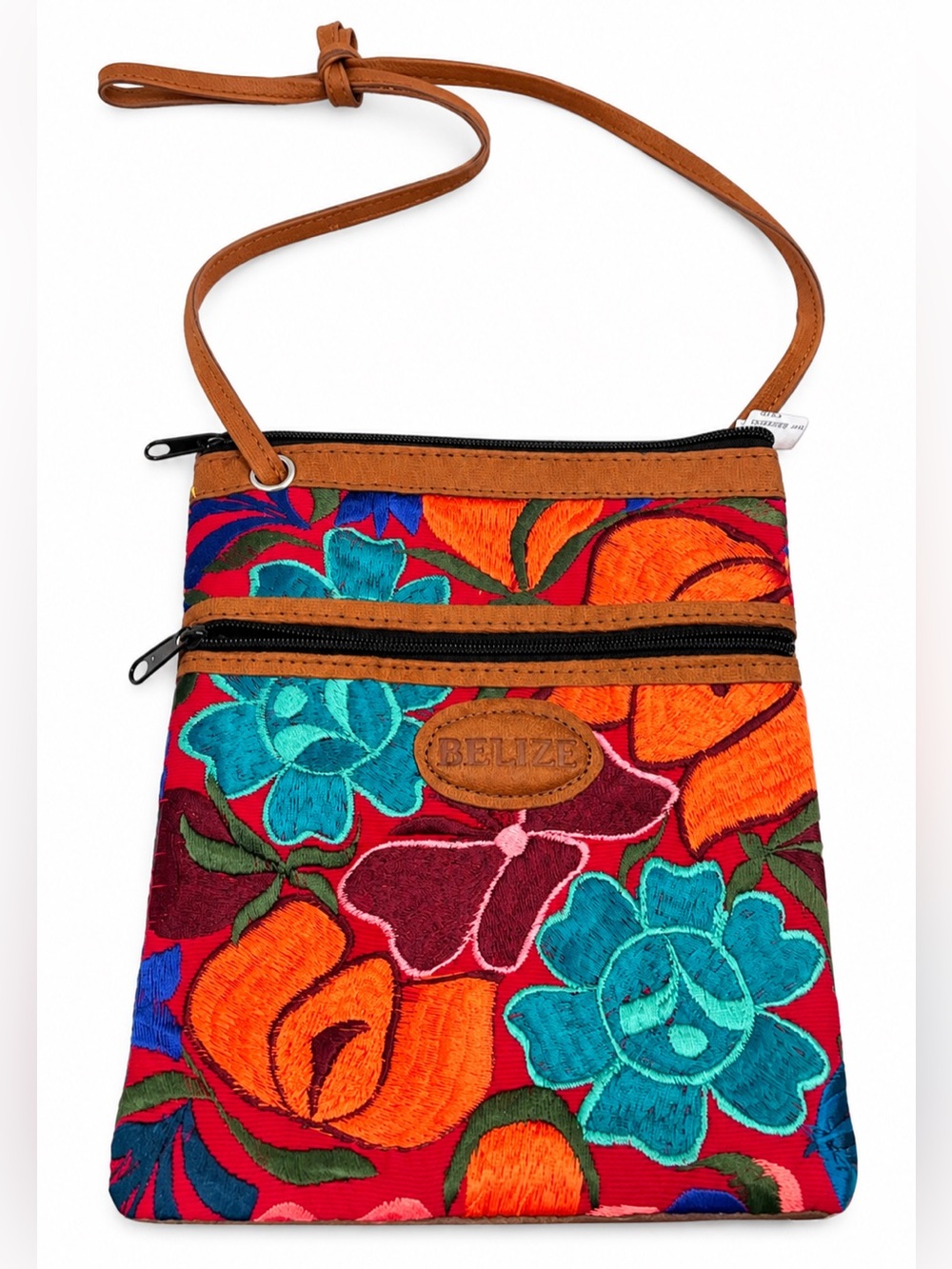 Floral Embroidered Crossbody Bag in Red and Tan